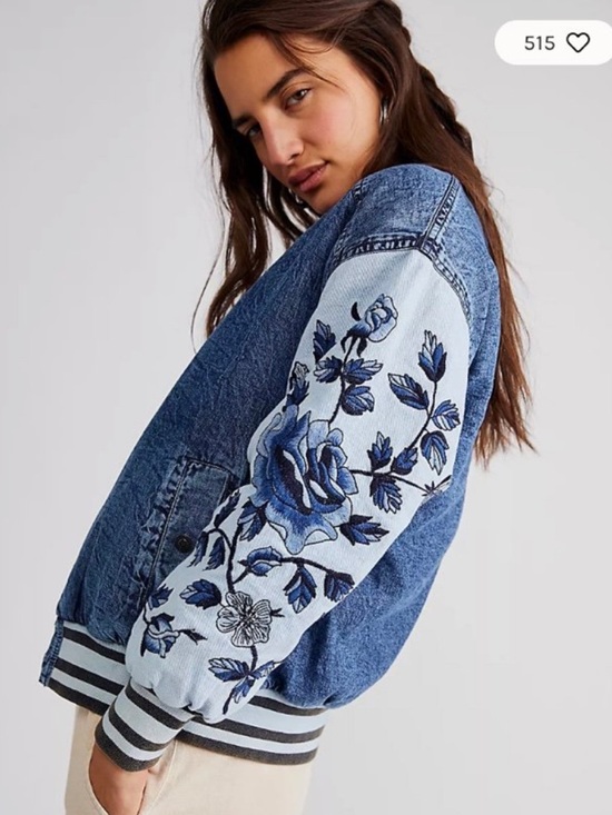 Free People Jackets & Blazers - Free People team spirit Embroidered Blue Denim Bomber Jacket size S